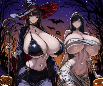 2girls absurdres bandage_on_hair bandaged_arm bandaged_chest bandaged_head bandaged_leg bandaged_neck bandaged_torso bandages bare_shoulders bikini black_choker black_hair black_hat blush bracelet breasts bright_pupils brown_hair choker cleavage collarbone cup dress drinking_glass gigantic_breasts grave graveyard halloween halloween_costume happy_halloween hat hat_belt highball_glass highres holding huge_breasts jack-o&#039;-lantern jewelry katsuragi_mika katsuragi_yuzuha large_breasts large_hat long_hair looking_at_viewer multiple_bracelets multiple_girls mummy_costume naked_bandage navel necklace night night_sky original pumpkin red_eyes revealing_clothes sidesaddle skindentation sky smile staff star_(sky) starry_sky stomach swimsuit tree trick_or_treat very_long_hair witch witch_hat wolffeld_price
