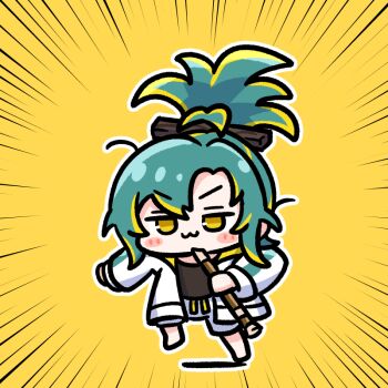 1girl :3 black_shirt blonde_hair blush_stickers chibi coat commentary_request emphasis_lines flute green_hair holding holding_flute holding_instrument instrument jitome looking_at_viewer multicolored_hair open_clothes open_coat outline pants pongari shirt solo standing standing_on_one_leg topknot two-tone_hair uemine_noruju virtual_youtuber voms white_coat white_outline white_pants yellow_background yellow_eyes