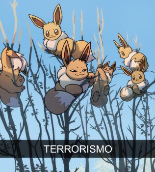 :3 animal_focus artist_name blue_sky brown_eyes climbing closed_mouth commentary day eevee english_commentary gen_1_pokemon in_tree meme narrowed_eyes nintendo no_humans outdoors photo-referenced pokemon pokemon_(creature) pokemon_focus sifyro sky smile smug spanish_text tree