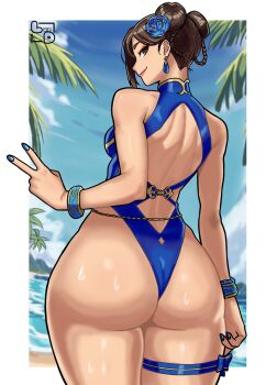 1girl adapted_costume arm_at_side artist_logo ass ass_focus back back_cutout bare_back bare_shoulders beach blue_nails blue_one-piece_swimsuit blue_sky border breasts brown_eyes brown_hair capcom chun-li closed_mouth clothing_cutout cowboy_shot day double_bun earrings east_asian eyelashes eyeshadow female_focus fingernails flower from_behind hair_bun hair_flower hair_ornament hand_up huge_ass jewelry lipstick logo long_fingernails looking_at_viewer looking_back luz_dreaw makeup matching_hair/eyes ocean one-piece_swimsuit outdoors profile red_eyeshadow red_lips sand short_hair sideways_glance sky small_breasts smile solo standing straight-on street_fighter swimsuit thigh_strap thong toned toned_female two-tone_one-piece_swimsuit v water white_border wide_hips yellow_one-piece_swimsuit