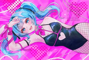 1girl absurdres aqua_eyes aqua_hair bare_shoulders black_leotard black_ribbon blush bow card clothing_cutout commentary_request detached_collar eyelashes fishnet_pantyhose fishnets hair_ribbon hatsune_miku heart heart_cutout highres leotard long_hair open_mouth pale_skin pantyhose pink_bow pink_ribbon playboy_bunny playing_card rabbit_hole_(vocaloid) ribbon sakanoi_noa signature smile solo teeth ten_of_hearts twintails upper_teeth_only vocaloid watermark watermark_grid