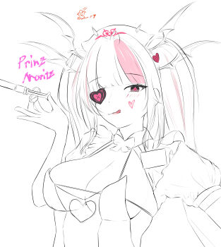 1girl :q absurdres azur_lane black_eyes breasts character_name cleavage commentary_request eyepatch hand_up hat heart highres holding holding_syringe large_breasts licking_lips light_blush long_hair looking_at_viewer multicolored_hair nurse_cap pink_pupils pink_streaks prinz_moritz_(azur_lane) salmon-marine simple_background solo streaked_hair syringe tongue tongue_out twintails twitter_username upper_body white_background