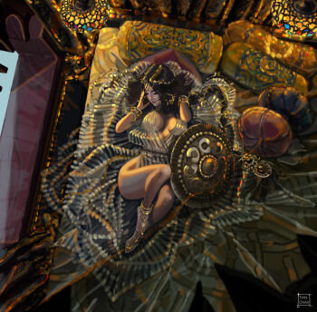 1girl black_hair bracelet breasts breasts_apart closed_mouth commentary commission english_commentary final_fantasy final_fantasy_xiv from_above highres indoors jewelry large_breasts long_hair lying on_bed sandals shield solo tatti_art variant_set wide_hips