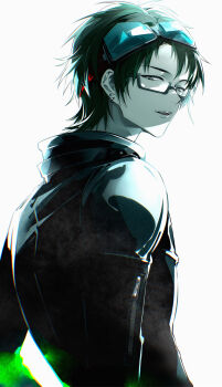 1boy black-framed_eyewear black_jacket blue-tinted_eyewear coldiron earrings from_behind glasses gnosia goggles goggles_on_head green_hair highres jacket jewelry limited_palette long_sleeves looking_at_viewer looking_back male_focus parted_lips sha-ming short_hair simple_background smile solo spot_color tinted_eyewear upper_body white_background