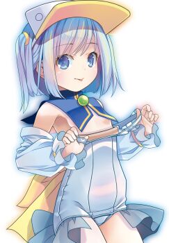 1girl :p absurdres blue_eyes blue_hair breasts clothes_pull convenient_censoring detached_sleeves frilled_one-piece_swimsuit frills highres loli magical_girl moetan nijihara_ink old_school_swimsuit one-piece_swimsuit one-piece_swimsuit_pull pastel_ink pop_(electromagneticwave) school_swimsuit short_hair small_breasts smile solo swimsuit thighs tongue tongue_out two_side_up visor_cap white_one-piece_swimsuit white_sleeves