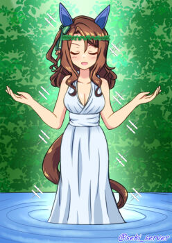 Rule 34 | 1girl, animal ears, bare shoulders, blush, breasts, brown eyes, brown hair, cleavage, closed eyes, collarbone, commentary request, dress, ear covers, facing viewer, gold, honest axe, horse ears, horse girl, king halo (umamusume), md5 mismatch, olive wreath, parody, seki (hyokosho), silver (metal), sleeveless, sleeveless dress, smile, solo, speech bubble, talking, textless version, trophy, twitter username, umamusume, water, wavy hair, white dress