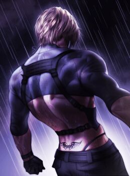 Rule 34 | 1boy, back muscles, back tattoo, belt, black belt, black gloves, black pants, blonde hair, chest harness, clenched hand, commentary, crop top, doria (doriart), english commentary, from behind, gloves, harness, highres, leon s. kennedy, male focus, pants, rain, resident evil, resident evil requiem, short hair, skin tight, solo, tattoo, thong, tramp stamp, wet, wet clothes, wet hair