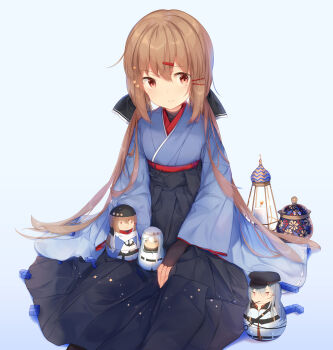 Rule 34 | 1girl, alternate costume, anchor symbol, black bow, blocks, blush, bow, brown eyes, brown hair, candle, closed mouth, female focus, fingerless gloves, gangut (kancolle), gloves, hair between eyes, hair bow, hair ornament, hair ribbon, hairclip, hakama, hakama skirt, head tilt, hibiki (kancolle), high-waist skirt, highres, japanese clothes, kantai collection, kimono, long hair, looking at viewer, low twintails, malachite, matryoshka doll, meiji schoolgirl uniform, ribbon, sitting, skirt, smile, solo, star (symbol), tashkent (kancolle), tetris, twintails, verniy (kancolle), wide sleeves