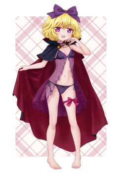 1girl absurdres blonde_hair blush bow bow_bra bow_panties bra breasts cape choker collarbone dot_nose dress elly_(tonari_no_kyuuketsuki-san) fang fangs female_focus fingernails full_body funoki hair_bow hair_ornament hands_up highres jewelry looking_at_viewer navel nightgown open_mouth panties print_panties purple_bow purple_eyes ribbon short_hair side-tie_panties small_breasts smile solo standing thigh_strap toenails tonari_no_kyuuketsuki-san underwear vampire