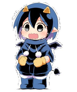 Rule 34 | 1girl, akuma no memumemu-chan, dagasi, demon tail, highres, horns, memumemu-chan, pointy ears, solo, tail, trembling, white background, wings