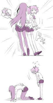 >_< 10s 2girls :d akemi_homura apologizing black_hair blush bow bowing closed_eyes comic dancing greyscale hair_ribbon kaname_madoka kannari long_hair mahou_shoujo_madoka_magica mahou_shoujo_madoka_magica_(anime) mahou_shoujo_madoka_magica_movie_1_&amp;_2 monochrome multiple_girls open_mouth pantyhose purple_theme ribbon school_uniform short_hair short_twintails simple_background skirt smile thighhighs twintails white_background zettai_ryouiki