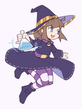 1girl a_hat_in_time alternate_costume black_boots black_hat blue_eyes boots brown_hair fujimna full_body hat hat_kid holding_potion long_sleeves multicolored_pantyhose open_mouth pantyhose purple_pantyhose short_hair simple_background smile snatcher_(a_hat_in_time) striped_clothes striped_pantyhose white_background white_pantyhose witch_hat