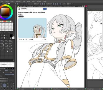 1boy 2girls arched_back arms_behind_back art_program_in_frame blue_archive capelet closed_eyes color_picker commentary earrings elf english_commentary english_text expressionless frieren green_eyes grey_hair hair_over_shoulder hetero hug jewelry kiss long_hair long_pointy_ears long_sleeves multiple_girls painttool_sai_(medium) parted_bangs pointy_ears reference_inset saliva shiroko_(blue_archive) shirt skirt solo_focus sousou_no_frieren striped_clothes striped_shirt t1kosewad teardrop_earrings tongue twintails upward_angle_frieren_drawing white_capelet white_skirt