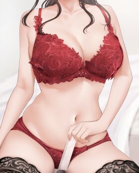 1girl bare_arms bare_shoulders black_hair black_thighhighs bra breasts cleavage collarbone depth_measurement female_focus head_out_of_frame holding kayanomomo lace lace_bra long_hair making-of_available measuring medium_breasts navel original panties penis_measuring red_bra red_panties ruler sitting skindentation solo stomach thighhighs underwear underwear_only