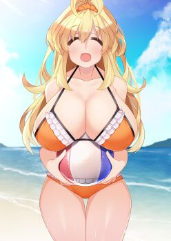 1girl bare_shoulders beach beach_volleyball bikini blonde_hair blush breasts closed_eyes dura_(dura110) fang happy highres kami_jigen_game_neptune_v large_breasts long_hair neptune_(series) ocean open_mouth orange_bikini outdoors pish power_symbol smile solo swimsuit wet wet_clothes yellow_heart_(neptunia)