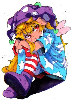 1girl absurdres american_flag american_flag_dress american_flag_legwear american_flag_print blonde_hair blush_stickers cheek_press clownpiece flag_print hand_on_own_head hand_on_own_knee hat head_rest highres inuyama_konan jester_cap knees_up long_hair neck_ruff pantyhose pom_pom_(clothes) purple_hat purple_shoes red_eyes shoes simple_background sitting solo touhou very_long_hair white_background wings