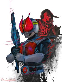 Rule 34 | 1boy, absurdres, armor, belt buckle, black bodysuit, bodysuit, buckle, colored skin, compound eyes, den-o belt, electricity, grey helmet, helmet, highres, holding, holding sword, holding weapon, horns, kamen rider, kamen rider den-o, kamen rider den-o (series), kamen rider den-o (sword form), momotaros, obakelope0530, power armor, red armor, red eyes, red skin, rider belt, sword, weapon, white background