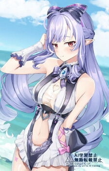 1girl absurdres bare_shoulders blue_sky bow bowtie breasts casual_one-piece_swimsuit closed_mouth clothing_cutout commentary cowboy_shot cyclone_tarou day hair_bow heart_cutout highres light_blush long_hair looking_at_viewer md5_mismatch medium_breasts multicolored_hair navel ocean official_alternate_costume one-piece_swimsuit outdoors pointy_ears purple_bow purple_bowtie purple_hair red_eyes revision sidelocks sky solo stomach stomach_cutout streaked_hair swimsuit thighs very_long_hair vivian_banshee vivian_banshee_(iris_of_the_shore) white_one-piece_swimsuit zenless_zone_zero