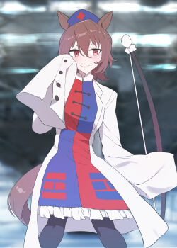 1girl absurdres agnes_tachyon_(umamusume) animal_ears black_pantyhose blue_dress bow_(weapon) brown_hair buttons closed_mouth coat commentary_request cosplay cowboy_shot dress hair_between_eyes hand_up highres horse_ears horse_girl horse_tail lab_coat long_sleeves medium_hair pantyhose red_dress senmura sleeves_past_fingers sleeves_past_wrists smile solo tail touhou trigram two-tone_dress umamusume v-shaped_eyebrows weapon white_coat yagokoro_eirin yagokoro_eirin_(cosplay)