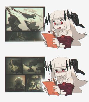 1girl absurdres alternate_costume alternate_universe colored_skin contemporary crying crying_with_eyes_open goddess_of_war_(porforever) halo highres original porforever reading red_eyes script solo surprised tears trembling white_hair white_skin