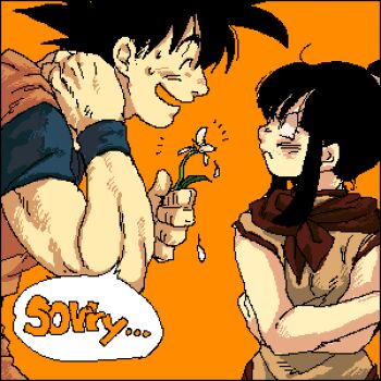 1boy 1girl angry apologizing chi-chi_(dragon_ball) dragon_ball english_text flower hime_cut lowres nitako son_goku sweat tears