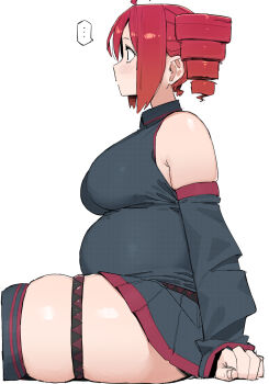 Rule 34 | 1girl, ahoge, arm support, breasts, drill hair, fat, fat woman, highres, kasane teto, large breasts, medium hair, ohasi, red hair, simple background, thick thighs, thigh strap, thighhighs, thighs, twin drills, utau, white background