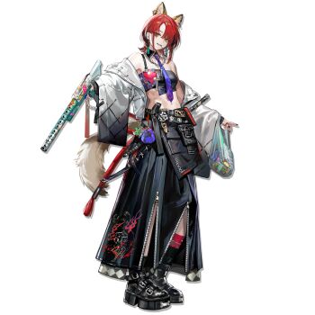 1girl animal_ear_piercing animal_ears arknights back_ribbon bag baggy_pants belt belt_boots black_belt black_boots black_collar black_nails black_pants bone boots can chain chain_necklace coin_purse collar collarbone crop_top detached_collar dog_ears dog_girl dog_tail ear_piercing earrings fang full_body furisode_sleeves grocery_bag gun highres holding holding_gun holding_weapon horin_(horin_xi) jacket jacket_partially_removed jewelry kichisei_(arknights) lollipop_in_mouth looking_at_viewer mismatched_socks mole mole_under_eye nail_polish navel necklace necktie official_art open_clothes open_jacket open_mouth orange_eyes pachinko_ball pants piercing platform_boots pouch purple_necktie red_hair red_rope red_socks rope shimenawa shopping_bag short_hair simple_background smile socks solo standing sticker tail tassel tassel_earrings third-party_source thumb_ring transparent_background unzipped weapon white_jacket yellow_fur