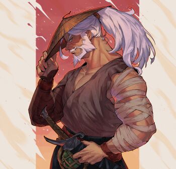 1boy absurdres aged_up ajirogasa alternate_muscle_size aqua_eyes bandaged_arm bandages bara beard biceps collarbone connected_beard facial_hair foreseen_yasuo full_beard grey_hair hand_on_headwear hat high_ponytail highres holding holding_sheath holding_sword holding_weapon japanese_clothes katana league_of_legends long_hair male_focus manly mature_male muscular muscular_arms muscular_male mustache official_alternate_costume official_alternate_hair_color old old_man pectorals ponytail punbun_4fun scar scar_on_face scar_on_nose sheath sheathed single_bare_shoulder solo sword tachi_(weapon) tan thick_neck upper_body weapon wrinkled_skin yasuo_(league_of_legends)