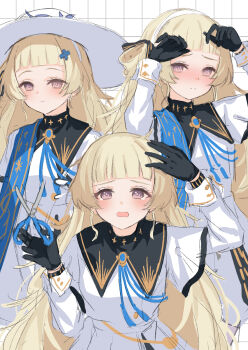 1girl black_collar black_gloves blonde_hair blue_sash blush closed_mouth collar commentary_request flying_sweatdrops gloves grid_background hair_ornament hairband hand_up hat highres kuramoto_beta-carotene long_hair long_sleeves looking_at_viewer phoebe_(wuthering_waves) purple_eyes sash shirt skirt tearing_up white_background white_hairband white_hat white_shirt white_skirt wuthering_waves x_hair_ornament