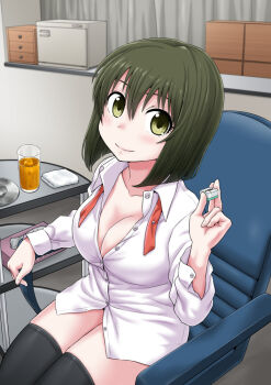 1girl black_thighhighs blush bob_cut bottomless breasts chair cleavage closed_mouth collarbone collared_shirt commentary_request cowboy_shot cup curtains gachon_jirou green_eyes green_hair hair_between_eyes hand_up head_tilt holding holding_mahjong_tile indoors large_breasts long_sleeves looking_at_viewer mahjong mahjong_tile open_clothes open_shirt original shirt sitting smile solo table thighhighs thighs white_shirt