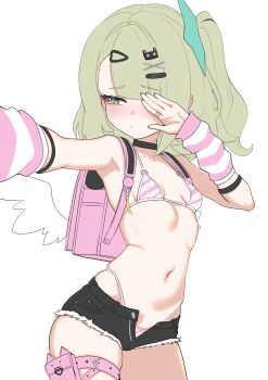 1girl absurdres backpack bag bare_hips bare_shoulders bikini bikini_under_clothes black_shorts blush breasts covering_face feathered_wings front-tie_bikini_top front-tie_top green_eyes green_hair highres loli midriff navel oldsickkim short_shorts shorts small_breasts solo stomach sunna_(zenless_zone_zero) swimsuit thigh_strap thighs wings zenless_zone_zero