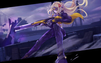 1girl absurdres black_pants black_shoes blindfold_mask blonde_hair bridge camouflage camouflage_jacket camouflage_pants closed_mouth covered_eyes fingerless_gloves firing gloves glowing_mask gun gunblade hair_ornament highres holding holding_weapon jacket latex_pants long_hair mask mingduan pants ponytail purple_background rifle shoes sniper_rifle solo tight_clothes tight_pants triangle_hair_ornament trigger_(zenless_zone_zero) weapon zenless_zone_zero zipper_pull_tab