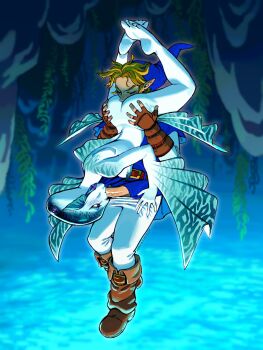 1boy 1girl 69 arm_fins ass barefoot blonde_hair blue_hat blue_skin blue_tunic blush boots breasts brown_boots brown_gloves closed_eyes clothed_sex colored_skin cunnilingus earrings fellatio fingerless_gloves fins fish_girl gem gloves grabbing_another's_ass groping hat head_fins hetero highres jewelry link monster_girl namnums nintendo ocean oral pantyhose penis phrygian_cap pointy_ears princess_ruto purple_eyes purple_gem the_legend_of_zelda the_legend_of_zelda:_ocarina_of_time tunic u_u upright_69 white_pantyhose zora