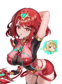 1girl absurdres aegis_sword_(xenoblade) arm_behind_head breasts chest_jewel commentary core_crystal_(xenoblade) covered_navel cowboy_shot earrings gem green_gemstone highres holding holding_sword holding_weapon impossible_clothes jewelry jyn_jyn large_breasts leaning_forward looking_at_viewer mythra_(xenoblade) parted_lips pyra_(xenoblade) red_eyes red_hair red_shorts short_hair short_shorts shorts simple_background solo spoken_character sword tiara weapon white_background xenoblade_chronicles_(series) xenoblade_chronicles_2