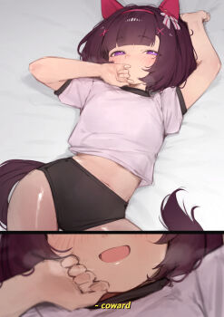 1girl animal_ears arm_up black_buruma black_hair black_tail blush buruma ear_covers english_text gym_shirt highres horse_ears horse_girl horse_tail loli looking_at_viewer lying midriff navel nishino_flower_(umamusume) on_back open_mouth purple_eyes seductive_smile shirt short_hair smile subtitled tail umamusume white_shirt xaea_xp