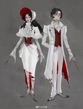 Rule 34 | 1boy, 1girl, absurdres, alternate costume, arm behind back, arms at sides, ascot, black hair, blue eyes, bonnet, bow, buttons, capelet, chinstrap, closed mouth, coat, copyright name, corset, cross-laced footwear, cuff links, curtained hair, diamond button, dress, dress shoes, earrings, expressionless, full body, gloves, grey background, grey footwear, harry potter: magic awakened, harry potter: magic awakened design award, harry potter (series), high-low dress, high heels, highres, holding, holding wand, jewelry, lapel pin, lapels, leg ribbon, lipstick, long hair, long sleeves, looking at viewer, makeup, medium dress, mole, mole under eye, nnnadaline, notched lapels, open clothes, open coat, pants, parted bangs, pencil dress, popped collar, protagonist (harry potter: magic awakened), red coat, red corset, red lips, red vest, ribbon, sanpaku, shirt, shoes, short hair, simple background, sleeves past wrists, standing, stud earrings, torn clothes, torn coat, two-sided coat, two-sided dress, two-sided fabric, two-sided headwear, vest, wand, watermark, wavy hair, weibo watermark, white ascot, white bonnet, white bow, white capelet, white coat, white dress, white gloves, white pants, white shirt, wizarding world