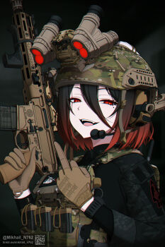 1girl absurdres black_hair black_jacket brown_gloves bulletproof_vest chromatic_aberration colored_tips combat_helmet fangs gloves gun hair_between_eyes headphones helmet highres holding holding_gun holding_weapon jacket long_bangs looking_at_viewer microphone middle_finger mikhail_n762 multicolored_hair night_vision_device open_mouth original qr_code rail_(weapon) red_eyes rifle short_hair sig_mcx slit_pupils solo trigger_discipline twitter_username upper_body watermark weapon web_address