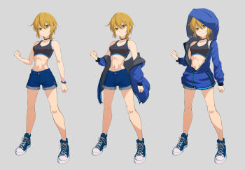 1girl armpit_crease black_sports_bra blonde_hair blue_jacket blue_shoes blue_shorts breasts brown_collar clenched_hand clenched_hands collar commentary_request converse frown full_body highres hood hooded_jacket jacket kiritachi_kuu kuthird346 midriff narrow_waist navel open_clothes open_jacket original partially_unzipped reference_sheet shoes short_shorts shorts skinny small_breasts sports_bra wristband yellow_eyes