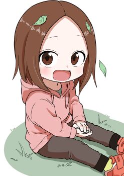 Rule 34 | 1girl, absurdres, blush, brown eyes, grass, green shirt, highres, hood, hood down, hoodie, inaba mifumi, karakai jouzu no (moto) takagi-san, karakai jouzu no takagi-san, leaf, long sleeves, nishikata chii, open mouth, orange shoes, own hands together, pants, parted bangs, pink hoodie, shirt, shoes, sitting, socks, solo, tassel, yellow socks