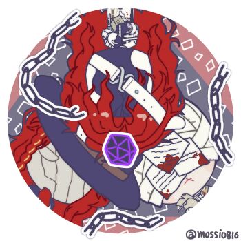 3boys aleph_(reverse:1999) bandaged_head bandages black_gloves black_hat black_mask chain chibi closed_eyes commentary_request covered_face cracked_mask dice facing_viewer gloves grey_background hat highres holding holding_paper korean_commentary long_hair male_focus merlin_(reverse:1999) mossi_(mossi0816) multiple_boys multiple_persona paper polyhedral_dice red_gloves red_hair reverse:1999 round_image shirt the_idealist_(reverse:1999) twitter_username upper_body white_mask white_shirt x_mouth