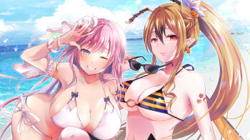 2girls antennae beach bikini black_hair blonde_hair blue_eyes bracelet breasts chamiswork cleavage clenched_teeth earrings frederica_(z/x) hair_between_eyes hair_ornament high_ponytail holding holding_removed_eyewear huge_breasts insect_wings jewelry long_hair looking_at_viewer multicolored_hair multiple_girls navel ocean orange_eyes outdoors pink_hair ponytail shoulder_tattoo striped_bikini striped_clothes sunglasses swimsuit tattoo teeth unworn_eyewear very_long_hair vesparose water_drop white_bikini wings z/x