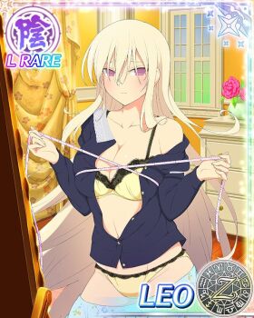 Rule 34 | 1girl, aquarius (symbol), aries (symbol), black shirt, blonde hair, blue skirt, bra, breasts, bust measuring, buttons, cancer (symbol), capricorn (symbol), card (medium), casual, character name, chest of drawers, cleavage, closed mouth, collarbone, curtains, dodecagram, floral print, floral print skirt, flower, flower pot, gemini (symbol), hair between eyes, holding tape measure, indoors, lace, lace-trimmed bra, lace-trimmed panties, lace trim, large breasts, leo (senran kagura), leo (symbol), libra (symbol), linea alba, long hair, long sleeves, looking at viewer, measuring, official art, open clothes, open shirt, panties, pink flower, pink rose, pisces (symbol), plant, potted plant, print skirt, purple eyes, rose, sagittarius (symbol), school emblem, scorpio (symbol), senran kagura, senran kagura new wave, shirt, skindentation, skirt, solo, tape measure, taurus (symbol), underwear, very long hair, virgo (symbol), wooden floor, yellow bra, yellow panties, zodiac wheel