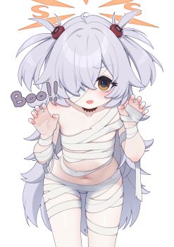 1girl absurdres ahoge alternate_costume bags_under_eyes bandage_over_one_eye bandages blue_archive blush brown_eyes claw_pose commentary english_commentary english_text grey_hair hair_bobbles hair_intakes hair_ornament hair_over_one_eye halloween_costume halo highres kanoe_(blue_archive) leaning_forward long_hair looking_at_viewer lucasyecla99 naked_bandage navel open_mouth pale_skin simple_background smile solo standing stomach swept_bangs thigh_gap two_side_up very_long_hair white_background