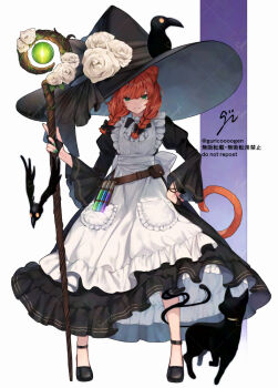 1girl animal animal_on_head apron belt belt_pouch bird black_cat black_dress black_hat black_shoes braid cat closed_mouth commentary_request crow dress eyebrows_hidden_by_hair flat_chest flower full_body green_eyes guricoogen hand_on_own_hip hat hat_flower holding holding_staff large_hat looking_at_viewer mage_staff maid medium_hair on_head orange_hair original potion pouch shoes short_twintails signature slit_pupils smile solo staff twin_braids twintails vial white_apron