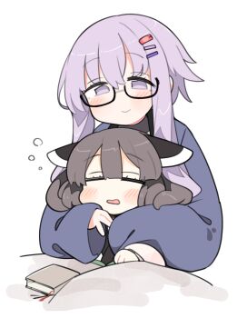 1boy black-framed_eyewear blue_shirt blunt_bangs blush book brown_hair closed_eyes closed_mouth commentary_request double-parted_bangs glasses hair_between_eyes hair_ornament hairclip highres ini_(inunabe00) long_sleeves open_mouth parallel_hairclips purple_eyes purple_hair shirt short_hair_with_long_locks simple_background sleeping squeans textless_version touhoku_kiritan vocaloid voiceroid white_background yuzuki_yukari