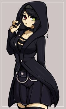 1girl black_choker black_hair black_jacket black_skirt breasts choker cleavage closed_mouth commentary commission cowboy_shot english_commentary green_eyes grey_background hand_up heterochromia highres hood hood_up hooded_jacket inset_border jacket large_breasts long_sleeves looking_at_viewer miniskirt oninuer original parted_bangs red_eyes short_hair simple_background skirt solo twirling_hair
