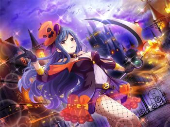 1girl bat_(animal) black_gloves breasts brick building cleavage covered_navel dutch_angle fishnet_pantyhose fishnets game_cg gloves halloween halloween_costume hand_up hat holding holding_scythe jacket kochou_shizuha large_breasts long_hair long_sleeves looking_at_viewer official_art orange_hat pantyhose parted_lips pavement purple_eyes purple_hair purple_jacket purple_skirt scythe shoujo_kageki_revue_starlight shoujo_kageki_revue_starlight_-re_live- sideways_hat skirt solo upper_body