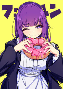 1girl ;) ;t absurdres black_robe blunt_bangs blush breasts character_name donut dress eating fern_(sousou_no_frieren) food food_on_face highres holding holding_food karan_koron100 large_breasts long_hair long_sleeves one_eye_closed purple_eyes purple_hair robe smile solo sousou_no_frieren straight_hair text_background white_dress yellow_background