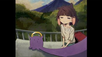 ._. 1girl absurdres backpack bag black_hair commentary derivative_work english_commentary half-closed_eyes halo highres hololive hololive_english multicolored_hair ninomae_ina&#039;nis o3o orange_hair outdoors outstretched_arm own_hands_together parody parted_lips pillarboxed randoseru red_bag shirt short_hair sidelocks sitting takodachi_(ninomae_ina&#039;nis) takopii takopii_no_genzai tentacle_hair tentacleluver two-tone_hair unworn_backpack unworn_bag virtual_youtuber white_shirt