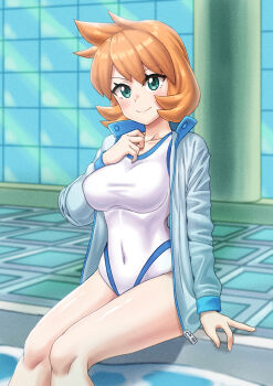 1girl absurdres bare_legs blue_jacket blush breasts closed_mouth collarbone competition_swimsuit covered_navel els_(ljhlee12) female_focus green_eyes gym_leader hand_on_own_chest hand_up highleg highres indoors jacket large_breasts legs long_sleeves looking_at_viewer medium_breasts misty_(pokemon) navel nintendo one-piece_swimsuit open_clothes open_jacket orange_hair partially_submerged pokemon pokemon_hgss pool poolside short_hair sitting smile soaking_feet solo sportswear swimsuit thick_thighs thighs tile_floor tiles track_jacket water white_one-piece_swimsuit